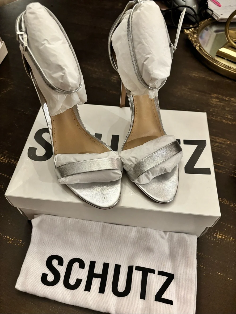 SCHUTZ brand new Cadey-Lee Silver Metallic Open-Toe Ankle-Strap Heels size 9.5